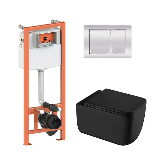 Подвесной унитаз Qtap Gemini Ultra Quiet + инсталляция Qtap Nest 4 в 1 (квадратная клавиша Chrome), Черный - фото 1