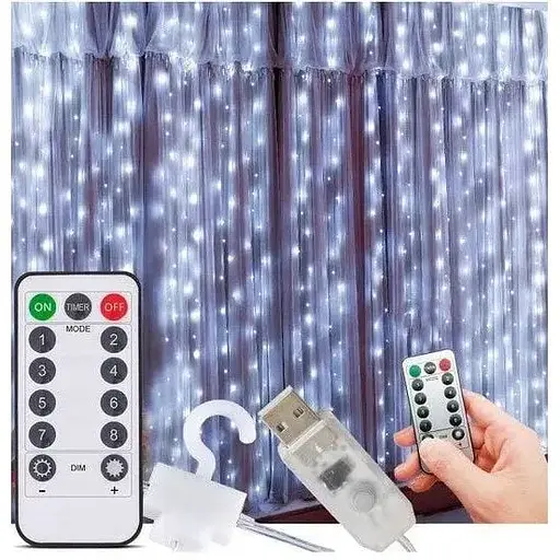 Гирлянда штора капля росы Sun Lamp 3х3 м 300 LED с пультом и USB питанием белый свет