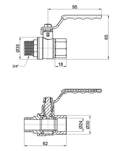 Кран шаровой Thermo Alliance Standart 3/4" ВН прямой, PN40, рычаг SD605NW20PN40 - фото 3