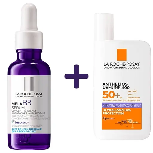 Набор La Roche-Рosay: Интенсивная сыворотка-концентрат Мела В3 против гиперпигментации кожи и для предотвращения ее повторного появления 30 мл + Солнцезащитный легкий корректирующий флюид Anthelios UVmune 400 SPF50+ 50 мл - фото 1
