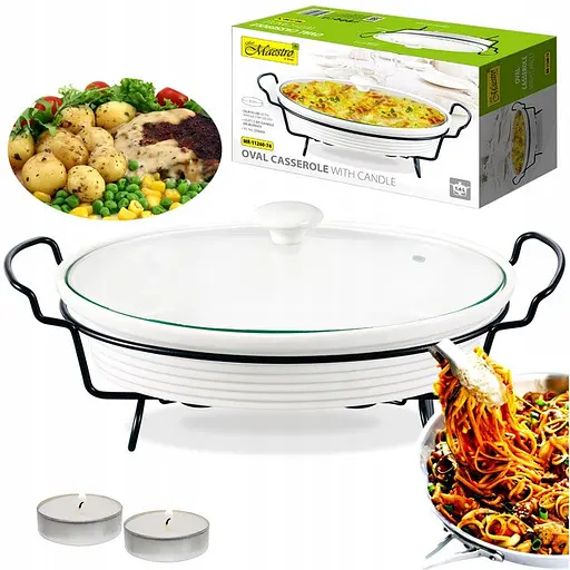 Мармит Maestro MR-11260-74 Керамическая кастрюля с крышкой 1,6л на подставке овальная 30см х 23см Белый - фото 3