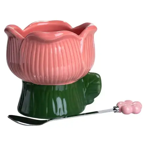 Чаша порцелянова для морозива у формі тюльпана з ложкою 300 мл, зелений з рожевим Yiwu FM-42GR - фото 1