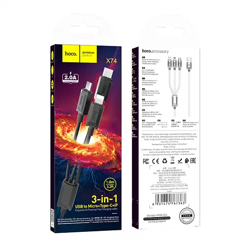 Кабель Hoco X74 3 in 1 charging cable iP+Micro+Type-C чорний - фото 2