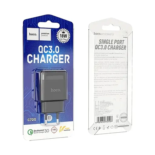 Мережевий зарядний пристрій Hoco C72Q з технологією Quick Charge 3.0 1 x USB-порт 30 А для швидкої зарядки - фото 2