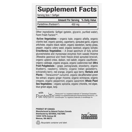 Пантетин Natural Factors BioCoenzymated Pantethine 450 mg, 60 капсул активний вітамін B5 для обміну жирів - фото 2