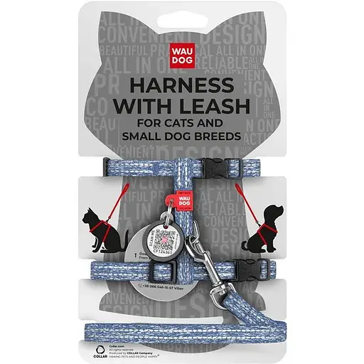 Шлея з повідцем Waudog Re-cotton з QR паспортом, з відновленої бавовни, світловідбиваюча, пластиковий фастекс, XS