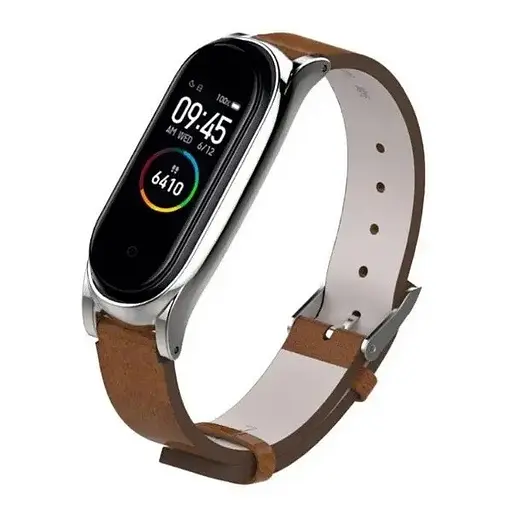 Шкіряний ремінець MiJobs для фітнес-браслета Xiaomi Mi Band 3 и 4 Type C коричневий, тримач - сріблястий - фото 3