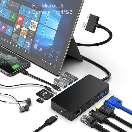 Док-станція Surface Pro для 4/5/6 USB Hub Dock Station з портом Gigabit Ethernet, портом VGA дисплея 4K HDMI DP, портами 3xUSB 3.0