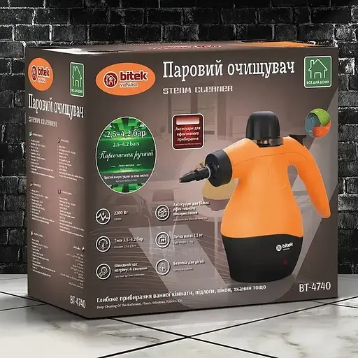 Електричний пароочисник Bitek BT-4740 Steam Cleaner для дезінфекції та очищення поверхонь з різними насадками на 360 мл 2200 Вт - фото 5