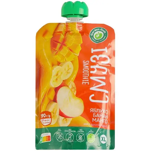 Пюре фруктовое Garden Gadz Смузи яблоко-банан-манго гомогенизированное стерилизованное 190 г