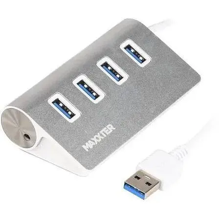 Хаб Usb Maxxter HU3A-4P-01, серебристый, Usb 3.0 - 4xUsb 3.0, кабель 30 см, алюминиевый корпус - фото 1