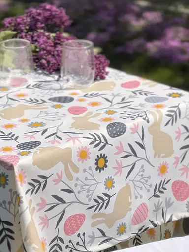 Водоотталкивающая Скатерть пасхальная Зайчики 220х140 см (+ 4 салфетки 30х40) Серый - фото 2