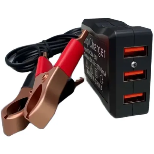 Адаптер питания 12V/24V на 5V с 3 USB-портами и зажимами для аккумулятора для аварийной зарядки телефонов. - фото 1