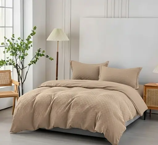 Комбинированное муслиновое постельное белье Primavara в цвете Бежевый Евро с простыней на резинке - фото 1