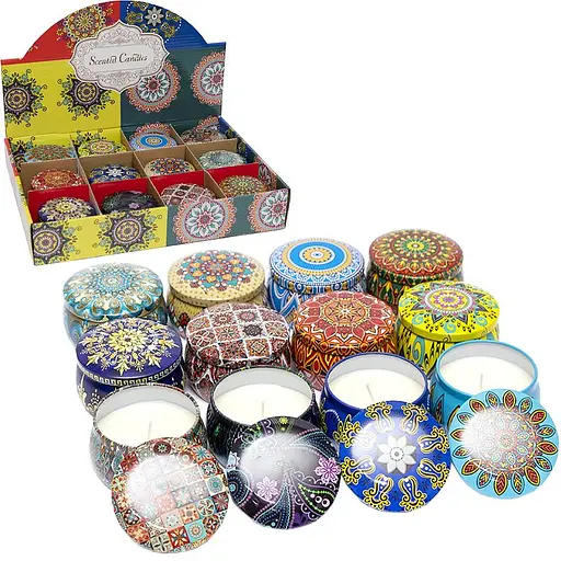 Свеча парафиновая ароматизированная Орнамент, 7x7x4.5 см, вес 115 г, в железной баночке