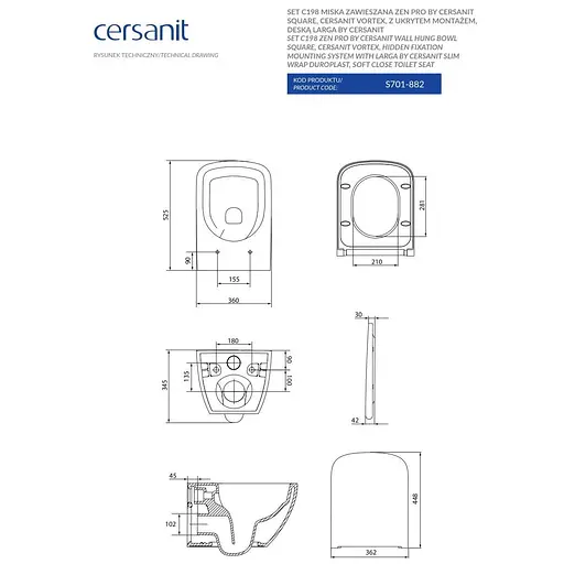 Унитаз подвесной Cersanit Zen Pro Vortex безободковый с сиденьем Slim WRAP duraplast Soft Close S701-882, Белый - фото 2
