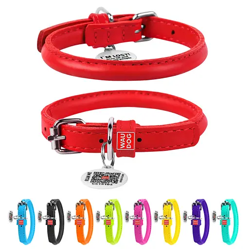 Ошейник для собак кожаный Waudog Glamour с QR-паспортом круглый Д 6 мм Д 17-20 см красный - фото 2