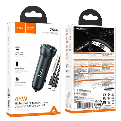 Адаптер автомобильный Hoco Prosperous dual port Car charger Z54A (Type-C to Type-C) |1USB/1Type-C, PD/QC, 48W/3A| - фото 2
