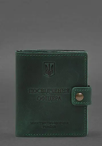 Кожаная обложка-портмоне для удостоверения офицера с карманом для жетона 11.1 зеленая Crazy Horse - фото 1