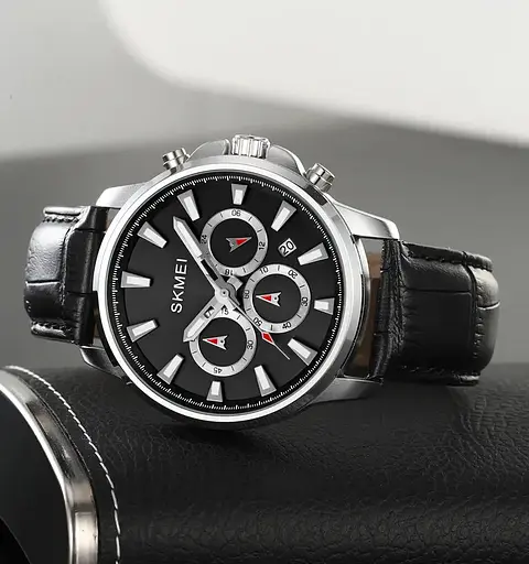 Чоловічий наручний годинник Skmei 2071 з ремінцем з еко-шкіри (Чорний з сріблястим) - фото 3