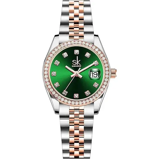 SHENGKE Жіночий годинник з кришталевим акцентом і ремінцем із цільної легованої сталі Елегантна сукня Кварцовий годинник