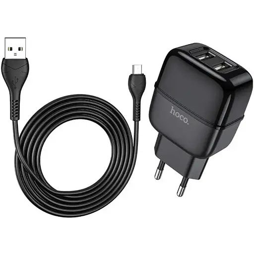 Блок живлення Hoco C77A 2 USB 2.4 А 12W адаптер зарядний із кабелем мікрочорний - фото 1