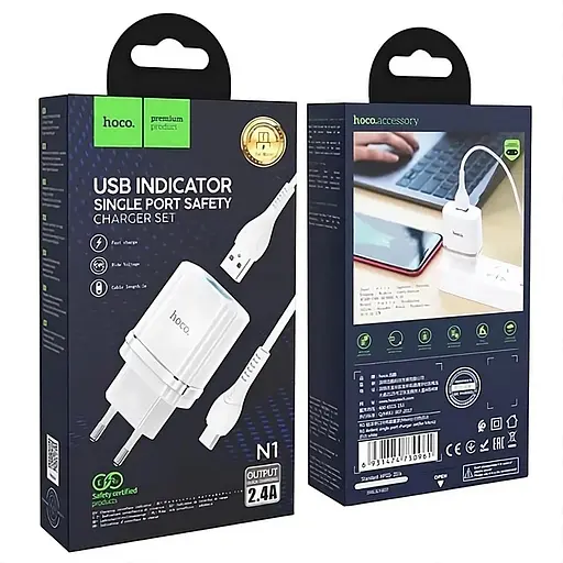 Сетевое зарядное устройство Hoco N1 1 x USB/2.4A Micro USB Белый - фото 2