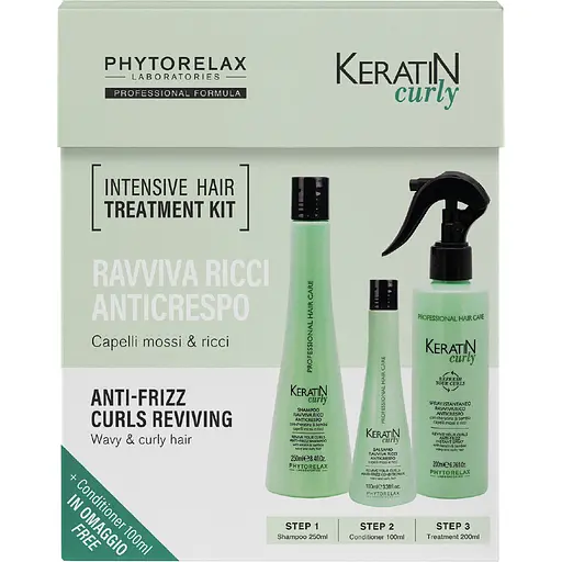 Набор для волос Phytorelax Laboratories Keratin Curly Intensive Hair Шампунь 250 мл + Сглаживающий спрей 200 мл + Кондиционер 100 мл
