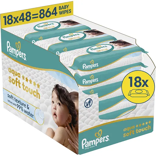 Дитячі вологі серветки Pampers Aqua Soft Touch 864 шт. (18 упаковок x 48 шт.) - фото 1