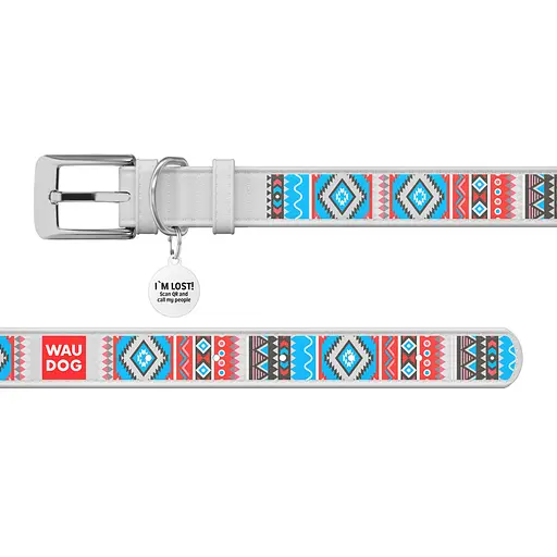Нашийник для собак шкіряний Waudog Design з QR-паспортом "Етно" Ш 12 мм Д 18-24 см білий - фото 3