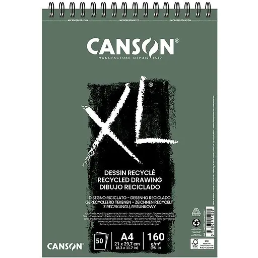 Альбом для рисунку на спіралі Canson XL Recycled А4 (21х29.7см) 160г/м2 50л білий колір дрібне зерно - фото 1