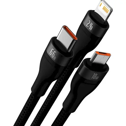Кабель Baseus Flash Series II One-for-three Fast Charging Data Cable USB to M+L+C 66W 1.2 м чорний - фото 3
