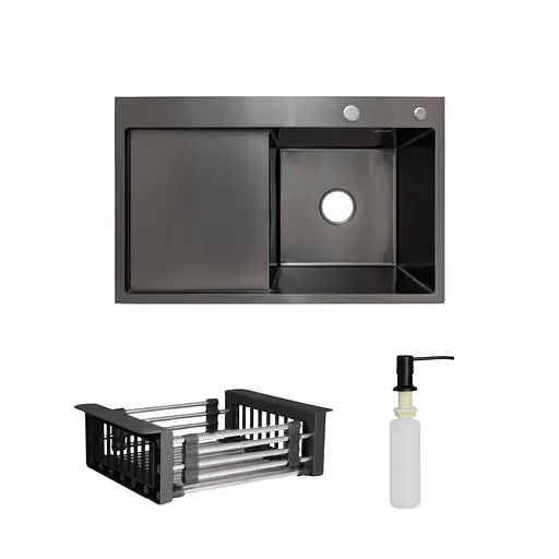 Кухонна мийка Lidz Handmade H7849BL інтегрована крило зліва BlackPVD у комплекті з дозатором та корзиною, Чорний - фото 1