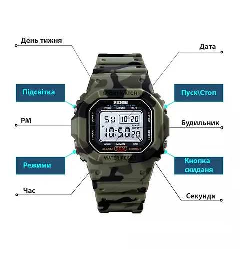 Дитячий наручний годинник Skmei 1608 (Зелений камуфляж) - фото 6