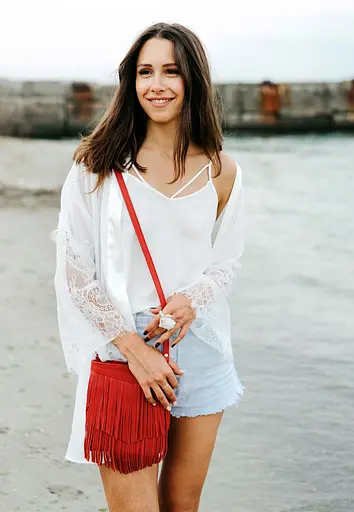 Шкіряна жіноча сумка з бахромою міні-кроссбоді Fleco червона - фото 8