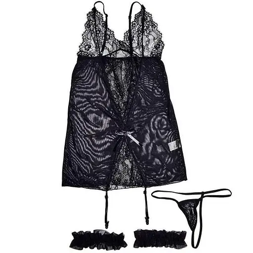 Короткий пеньюар з підв'язками для панчіх чорний XS-S – Еротична білизна - фото 6