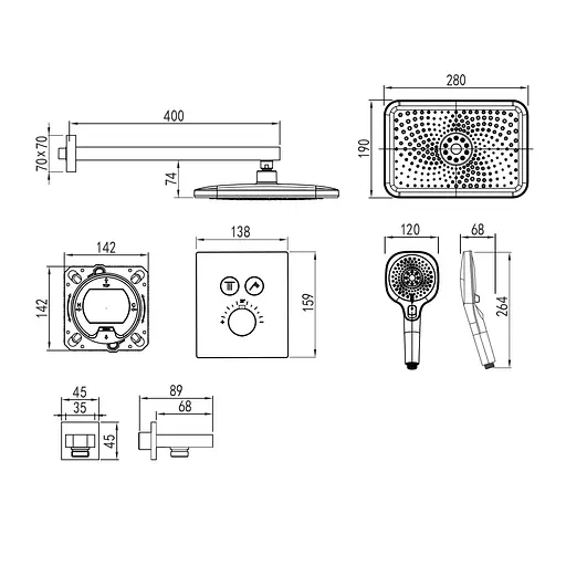 Душова система прихованого монтажу з термостатом Imprese Centrum EQ верхній душ 280x190 мм ABS хром V-10300EQ, Хром - фото 2