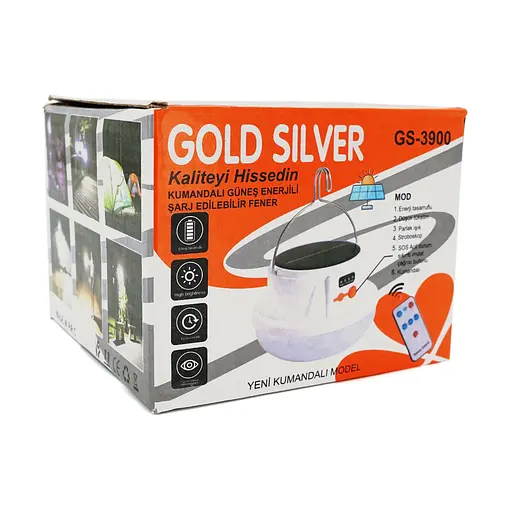 Кемпинговая лампа GOLD SILVER GS-3900+пульт, 5 режимов, корпус-пластик, ударопрочный, ip44, встроенный акум 2500mAh, СЗУ+Solar, White, BOX - фото 4