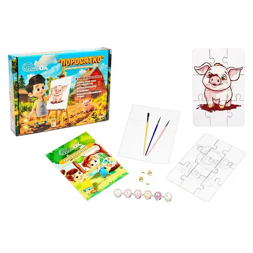 Деревянный пазл-раскраска А5 "Поросенок" PuzzleOK Puz-22939 кисточка, краски, клейкая пленка - фото 3