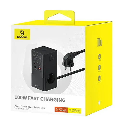 МЗП Baseus PowerCombo Tower PowerStrip 100W (2USB-A/2C/2Socket) (1.5m) (E00023609113-00) Cluster Black - фото 5