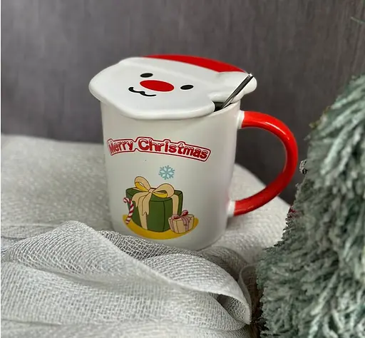 Новогодняя чашка Olens 102-1059 Новогодняя 2024 керамика с крышкой и ложкой 380 мл Белая - фото 2