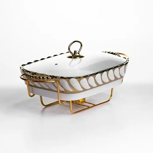 Мармитница фарфоровая Yiwu Tiffany 1.5 л со стеклянной крышкой на металлической подставке с подогревом 34х26х7 см мармит для первых блюд SG-428-13 - фото 1