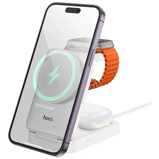 Бездротовий зарядний пристрій — підставка Hoco cq21 3-в-1 15 W біла - фото 1