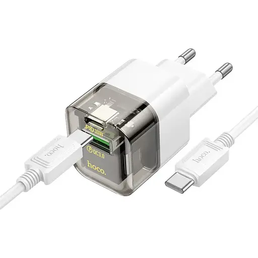 Мережевий зарядний пристрій Hoco C131A Platinum dual-port PD30W+QC3.0 charger set(Type-C to Type-C)(EU) Transparent Чорний - фото 1
