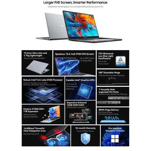 Ноутбук Blackview Acebook 6,16GB DDR4 512GB, N150 36GHz / UHD, Win11 Home, 38Wh, +, HDMI 2.0, Bluetooth 5.0, USB 3.0 - фото 10