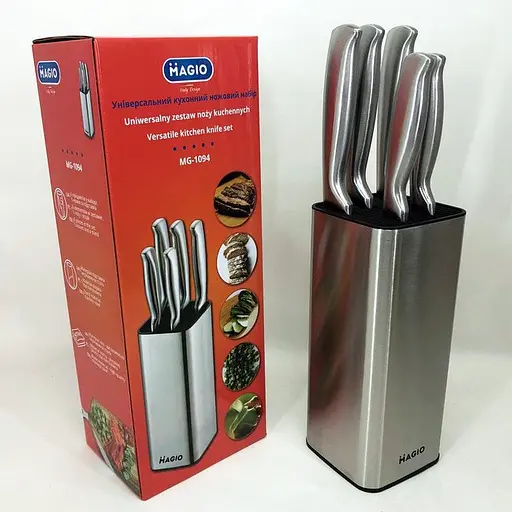 Універсальний набір 5 кухонних ножів з підставкою ножі з нержавіючої сталі для кухні Magio MG-1094 Сірий - фото 9