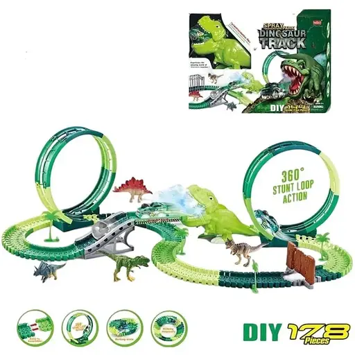Автотрек Дино Площадка 352 со светом и звуком, 178 элементов, длина 488 см, аксессуары в коробке