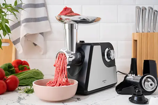 ARDESTO М'ясорубка, 1700Вт, продук.-1.6кг/хв, 2 решітки + для ковб., кеббе, насадка для томатів, пластик+метал, чорно-сріблястий - фото 3