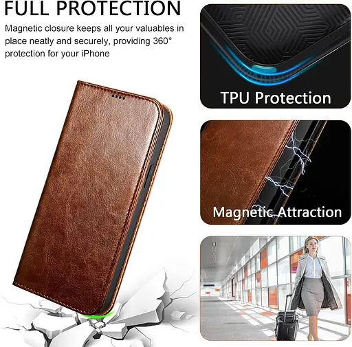 Чохол ICARER для iPhone 14, чохол зі штучної шкіри ручної роботи, бездротовий тримач з 3 слотами для карток, магнітне закриття - фото 4