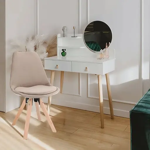 Туалетний столик Jumi Scandi з дзеркалом (шкіряні ручки) білий + стілець Saida бежевий - фото 4